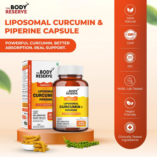The Body Reserve Liposomal Curcumin Capsules, 500mg with Piperine, Anti-inflammatory Supplement for Adults Pure Turmeric Extract Supplement for High Absorption Joint & Heart Health Support for Adults – 60 caps