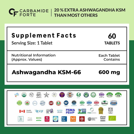 Carbamide Forte Ashwagandha KSM66 600mg - 60 Tablets I KSM 66 Ashwagandha Tablets for Men & Women | Supports Stress Management & Muscle Recovery