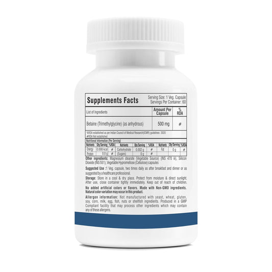 Trexgenics BETAINE - TMG (Trimethyglycine) 500 MG Homocysteine Balance, Liver Care, Athletic Performance Support (60 Veg Capsules) (Pack of 1)