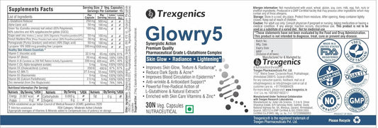 Trexgenics GLOWRY5 Advanced L-GLUTATHIONE Skin Care Complex with Skin Antioxidant Vitamins & Natural Herbs (30 Veg. Capsules) (Pack of 1)