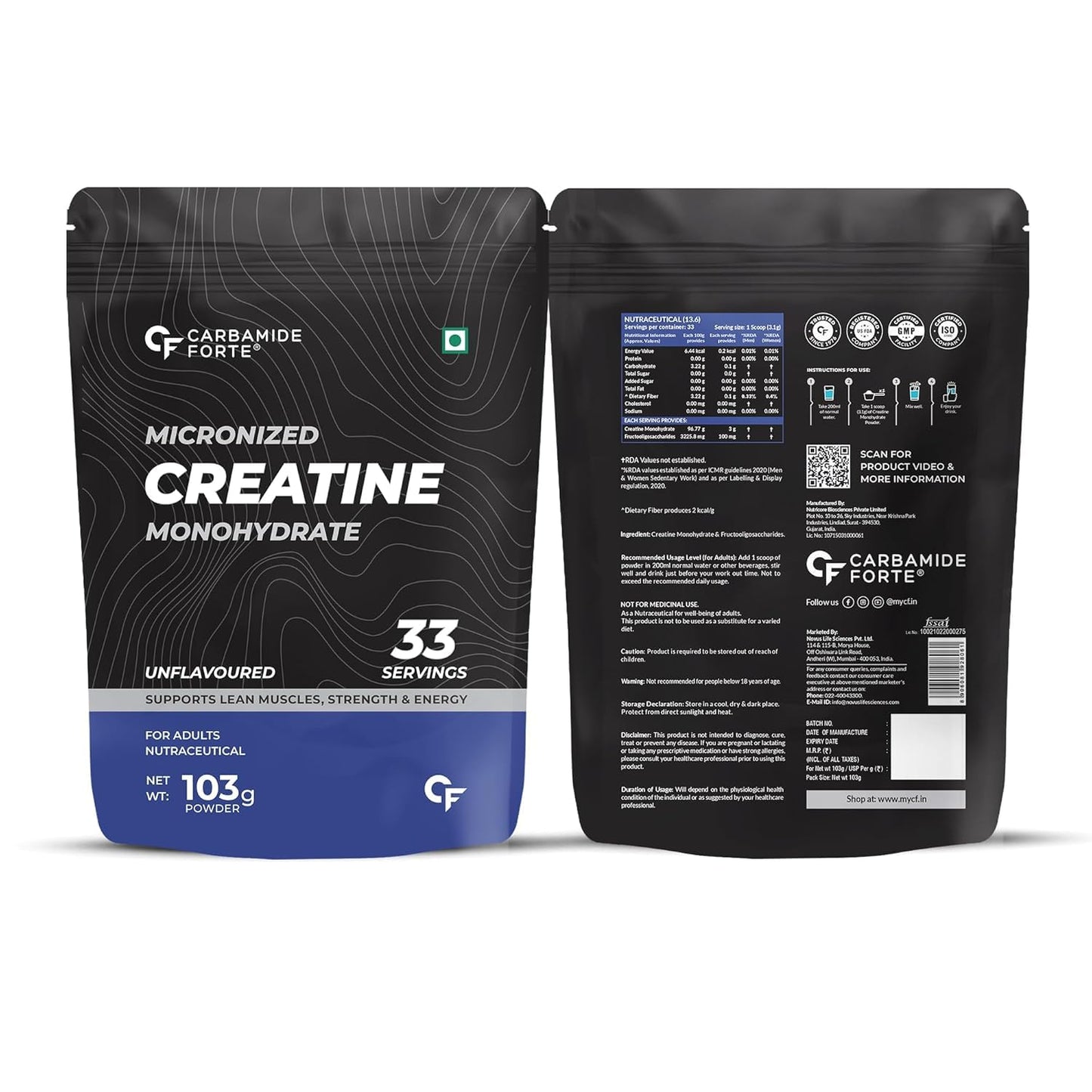 Carbamide Forte Creatine Mono hydrate Powder | Micronized Monohydrate Creatine 103g | Micronized Monohydrate Supplement for Lean Muscle, Strength & Energy - Unflavoured - 33 Servings - 103g