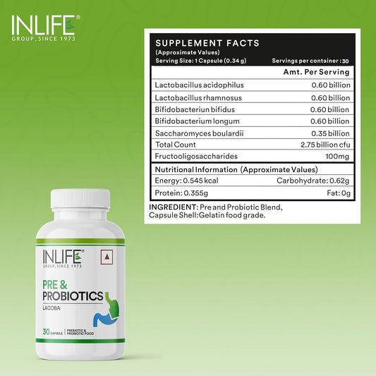 INLIFE Prebiotic and Probiotic Supplement for Gut Health | Lactobacillus Bacteria for Digestive Health Immunity Booster | Probiotics for Women Men - 30 Capsules (Pack of 1, 30, count)