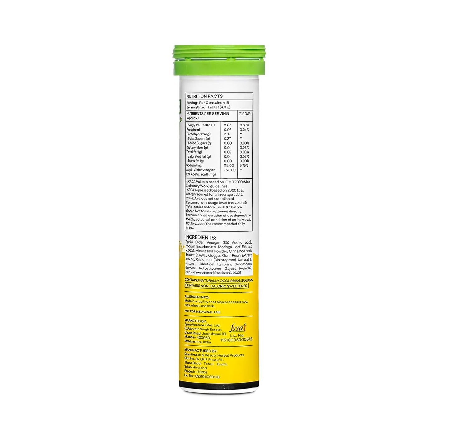 OZiva ACV Moringa | Control Cravings I Apple Cider Vinegar, Cinnamon, Guggul I No Maltodextrin & No Added Sugar I 15 Effervescent Tablets - Lemon Masala, Pack of 2 (30 Tablets)