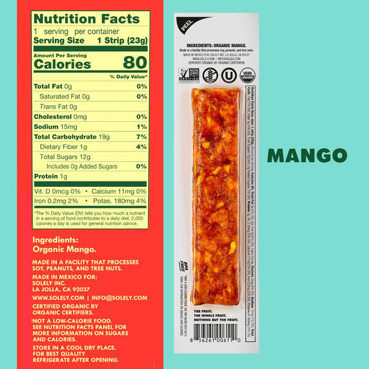 SOLELY - Organic Mango Fruit Jerky - 1 Individually Wrapped Fruit Strip - Fruit Leather Made from Dried Fruit - Healthy Snacks for Adults & Kids - Non GMO, Vegan Snacks, Shelf Stable - 0.8oz (23g)