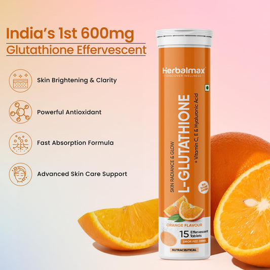 Herbal Max Glutathione Effervescent Tablets – 15N Packed with Vitamin C, Hyaluronic Acid & Biotin to Support Healthy Hair, Skin & Nails for a Natural Glow & Boost Hydration (Pack of 1, Orange)