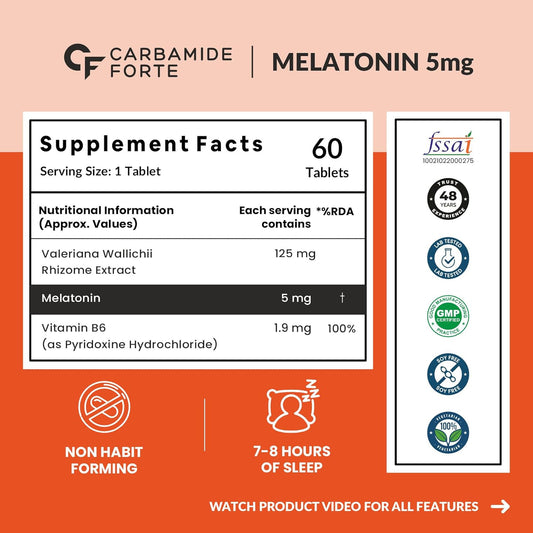 Carbamide Forte Melatonin 5mg Sleep Tablets – Sleeping Pills with 125mg Tagar & Vitamin B6 for Deep Sleep, Restful Nights, and Effective Sleep Dose | for Women & Men – 60 Veg Tablets