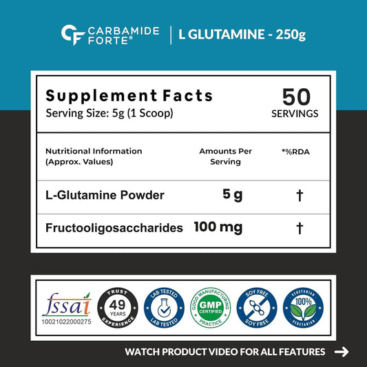 Carbamide Forte L Glutamine Supplement for Men | L Glutamine Powder 5000mg | L Glutamine Supplement | Muscle Recovery Preworkout Supplements For Men - Unflavoured - 250 grams