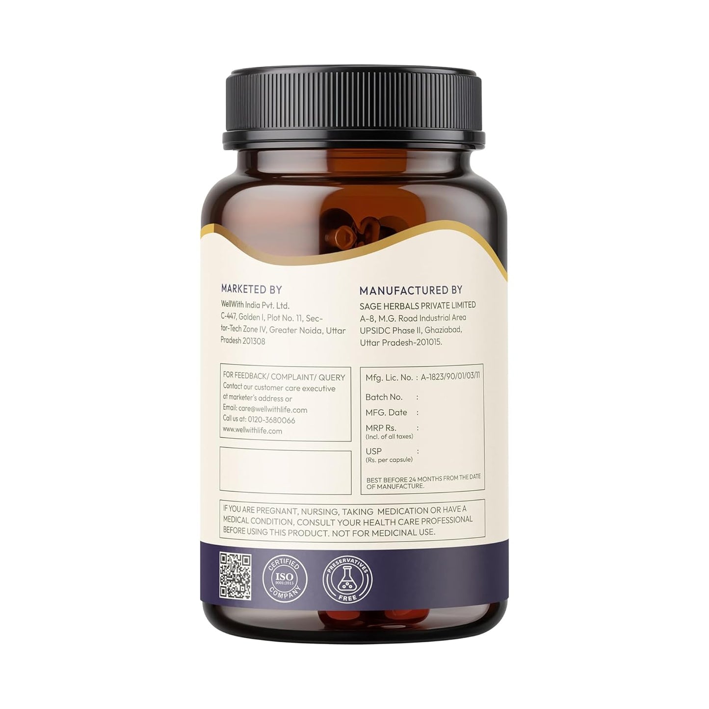 Wellwith Diabera 500mg – 60 Veg Capsules (Pack of 1) | Blood Sugar Support Capsules with Jamun, Karela, Gudmar, Methi Beej, Triphala | Herbal Formula for Sugar Control & Metabolism