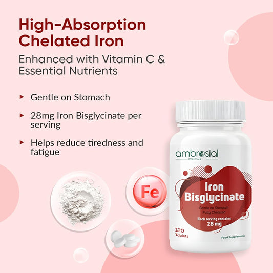 Ambrosial Iron Bisglycinate 28mg High Strength Tablets | High Absorption Iron Supplement for Tiredness and Fatigue for Women and Men | Pack of 1-120 Veg Tablets