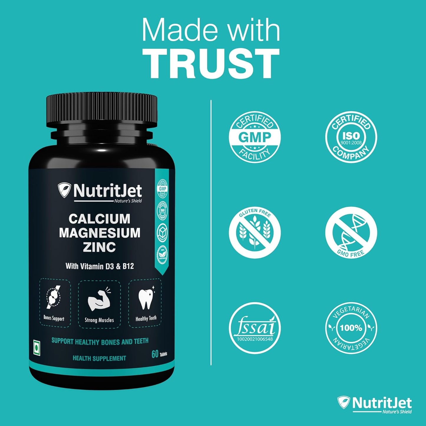 Calcium Magnesium Zinc Vitamin D3 Vitamin B12 & Vitamin K2 – 60 Vegetarian Tablets for Bone Health, Joint Support, and Immunity Support for Women & Men