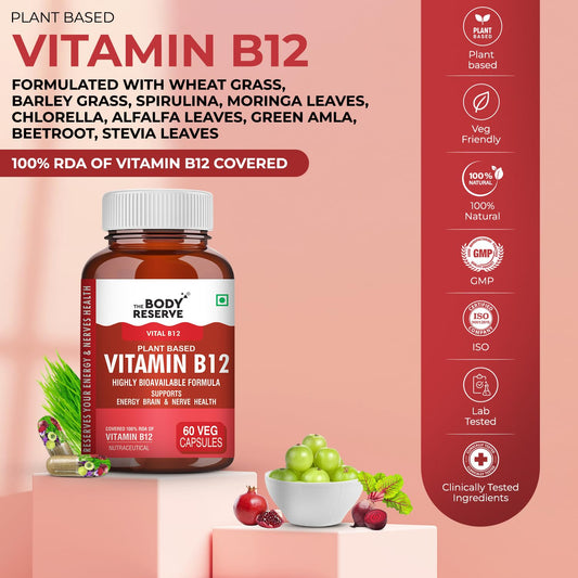 The Body Reserve Plant Based Vitamin B12 Supplement For Men & Women 60 Capsules Organic Vitamin B12 For Nerve And Brain Health Vegan Capsules, Daily One 60 Days Pack