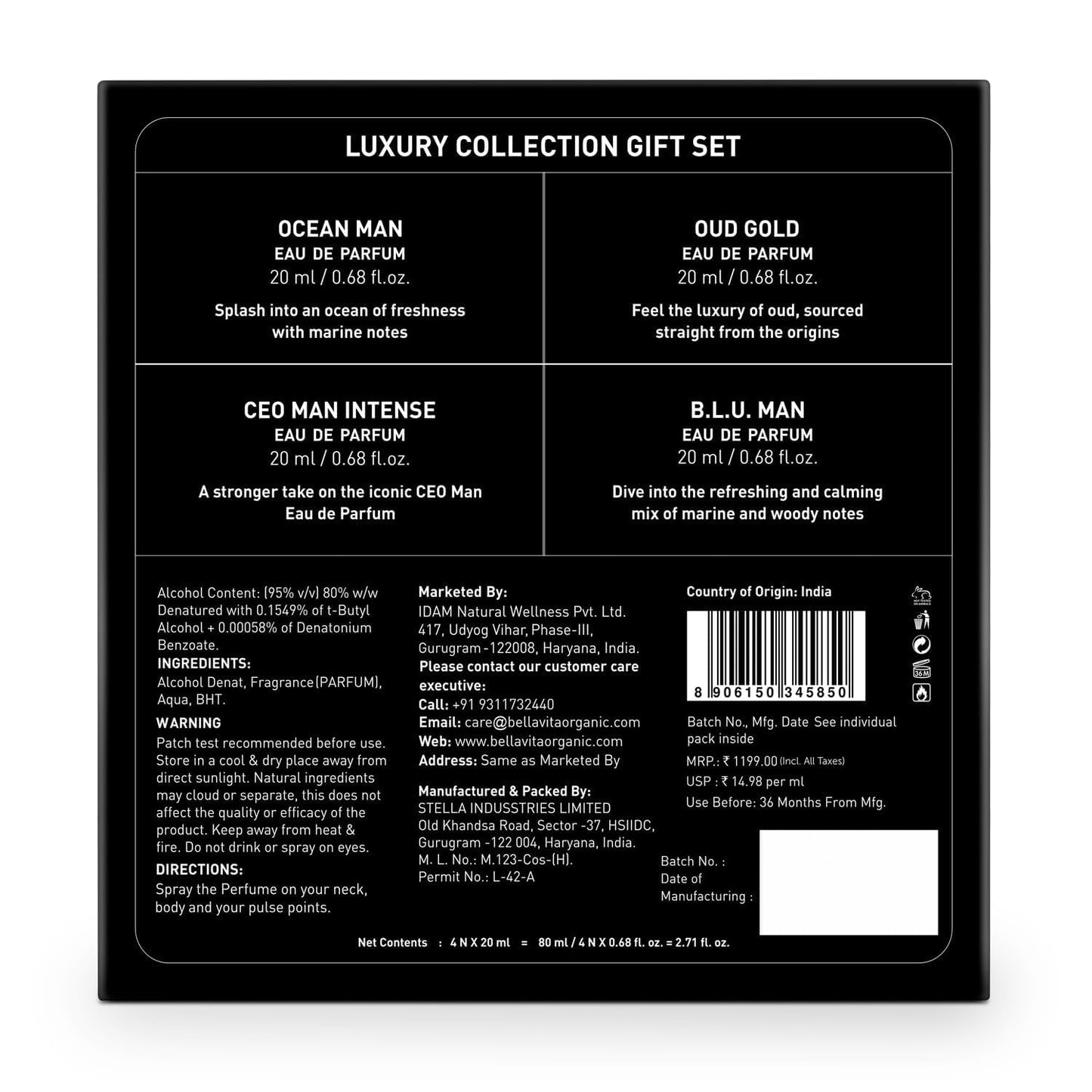 Bella Vita Luxury Collection Eau De Parfum Gift Set 4 x 20ml for Men with OUD GOLD, OCEAN, B.L.U & CEO Man Perfume|Long Lasting EDP Fragrance Scent