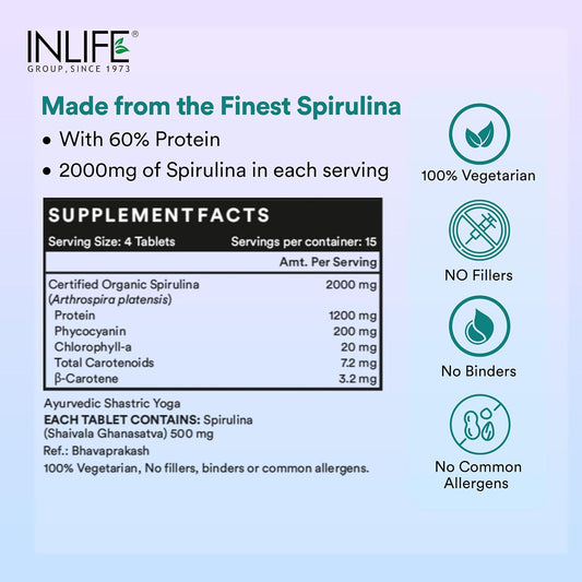 INLIFE Spirulina Tablets 2000 mg (per serving) | Green Superfood Supplement | Nutritional Supplement Protein Fiber Antioxidants - 60 Tablets (Pack of 1, 60's)