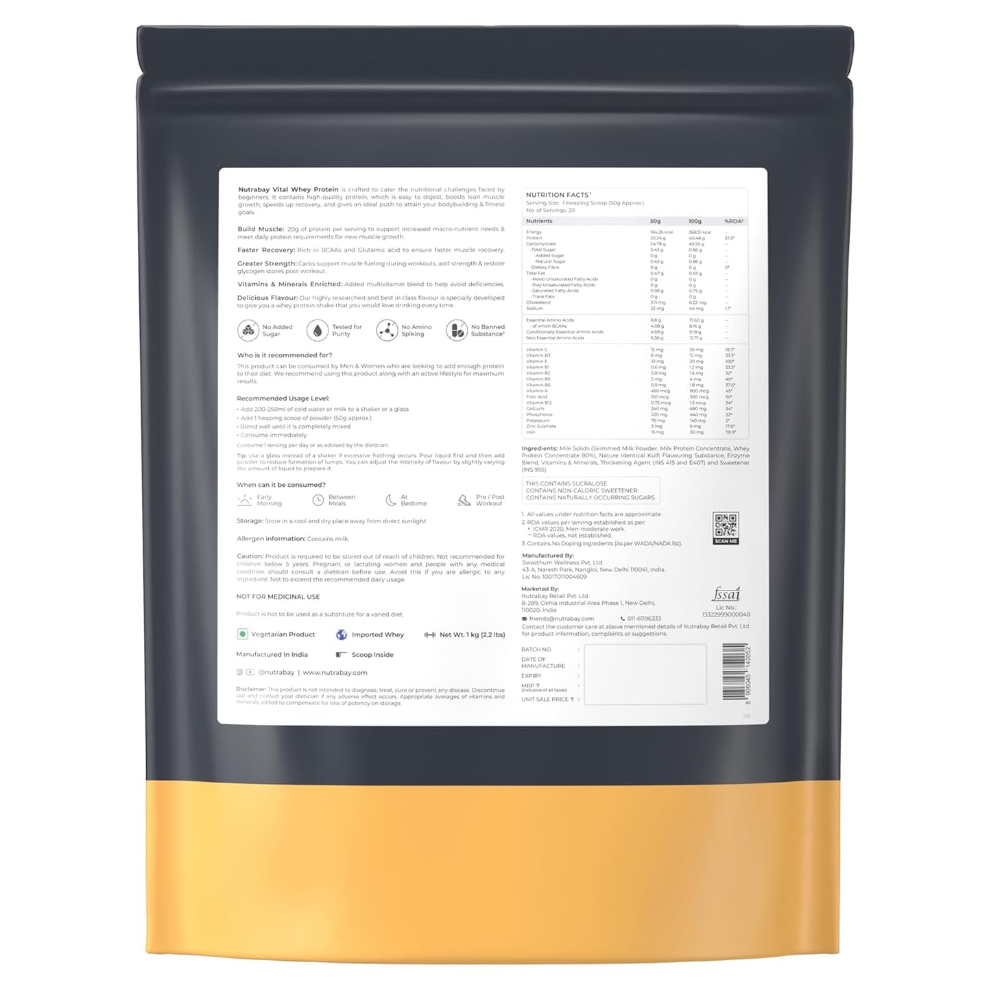 Nutrabay Gold Vital Whey Protein Powder for Beginners with Added Vitamins & Minerals – Muscle Growth & Body Strength– 1kg, Kesar Kulfi | Easy to Digest | 100% Authentic Imported Clean Protein
