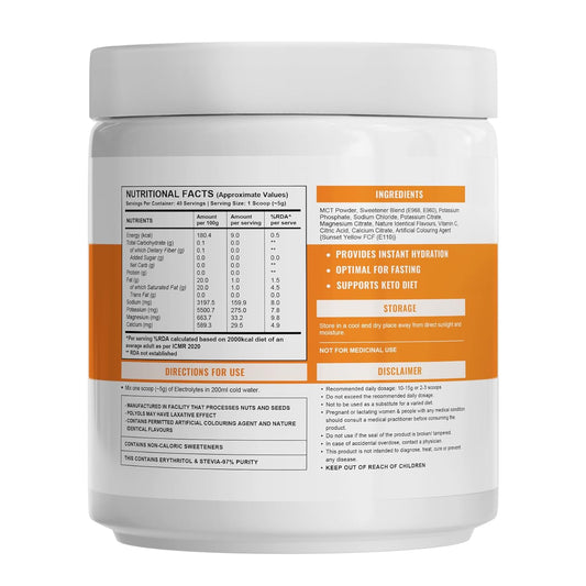 Wellcore - Electrolytes (200g) | Orange |Electrolyte Drink With 5 Vital Electrolytes: Na, Mg, Ca, K, PO4 |Sugar Free Electrolyte Powder|Fat Fuel Powered for Sustained Energy|Keto Electrolyte