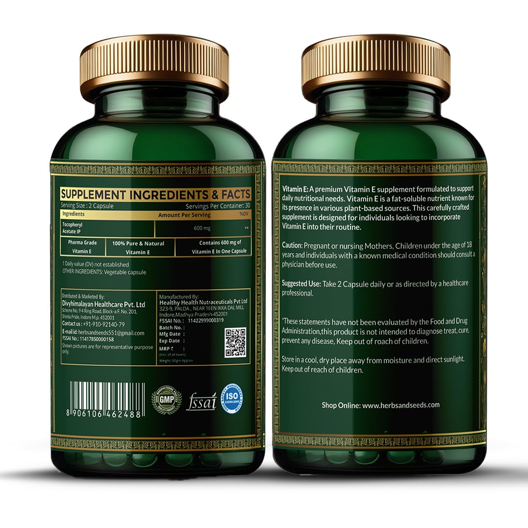 Simply Herbal Vit- E Capsules – 100% Natural Vit- E Supplement with Vit- E – Paraben Free – 60 Capsules