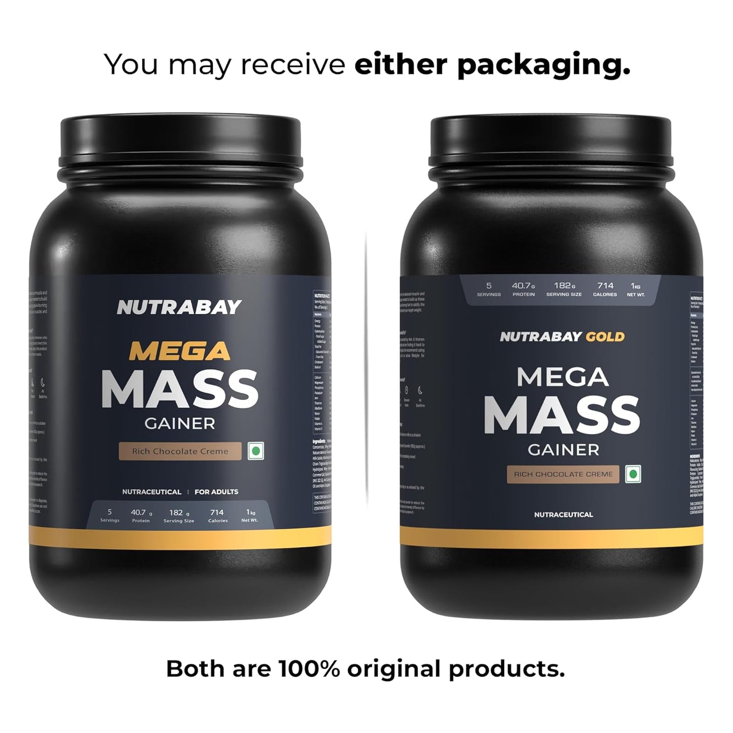 Nutrabay Gold Mega Mass Gainer Powder - 1kg, Rich Chocolate Creme | 100% Veg | 40.7g Protein, 122g Carbs, 714 Calories | Muscle Building & Weight Gainer Supplement for Men & Women