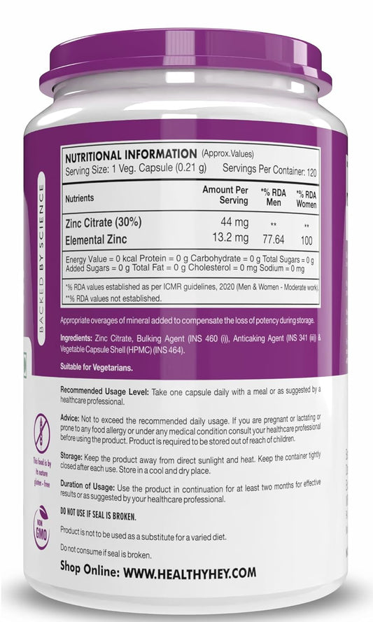 HealthyHey Nutrition Zinc Citrate, Supports Immune and Immunity - 120 Veg Capsules