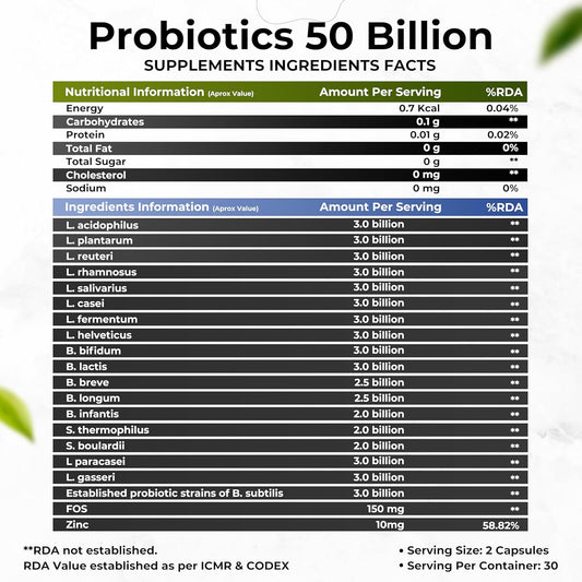 HEALTH VEDA ORGANICS PRIVATE LIMITED Probiotics 50 Billion Cfu Multi-Strains With Prebiotic | Good Digestive, Gut Health, Diarrhea, Gas & Bloating Support | Men And Women - 60 Vegetarian Capsules