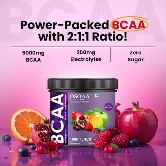 OSOAA BCAA Powder | Intra Workout Supplement | Muscle Recovery Drink with 5000mg BCAA | Amino Acid Supplements (20 Servings) | Fruit Punch