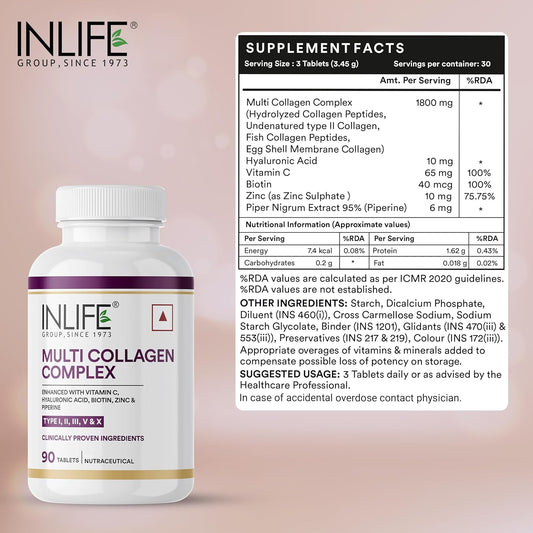 INLIFE Multi Collagen Complex Tablets | 5 Types Peptides I, II, III, V & X with Biotin, Hyaluronic Acid | Collagen Powder Supplements for Women & Men - 90 Tablets (Pack of 1)