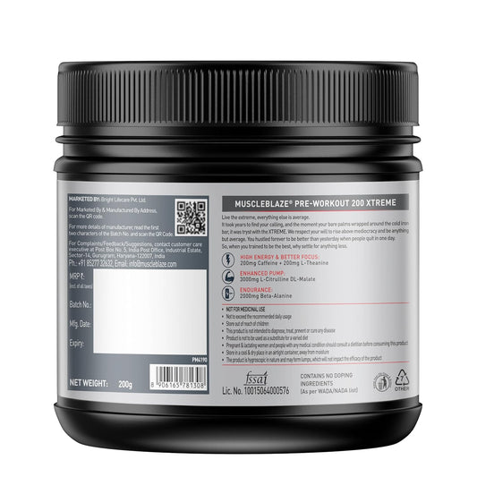 MuscleBlaze Pre Workout 200 Xtreme (Fruit Punch, 60 Servings, 200g) | 200mg Caffeine, 200mg Theanine, 2000mg Beta Alanine, 3000mg Citrulline