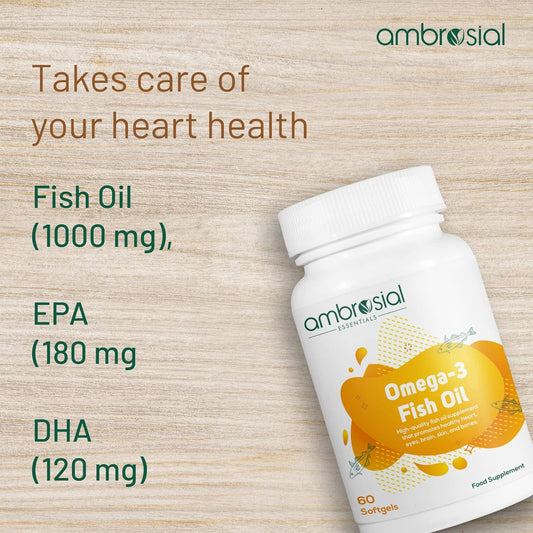 Ambrosial Omega 3 Fish Oil Capsules 1000mg Omega3 capsule with 180 mg EPA & 120 mg DHA No Fishy Burps |Omega3 Capsules for Men & Women to Support Healthy Heart Brain & Bones (Pack of 1-60 Softgels)
