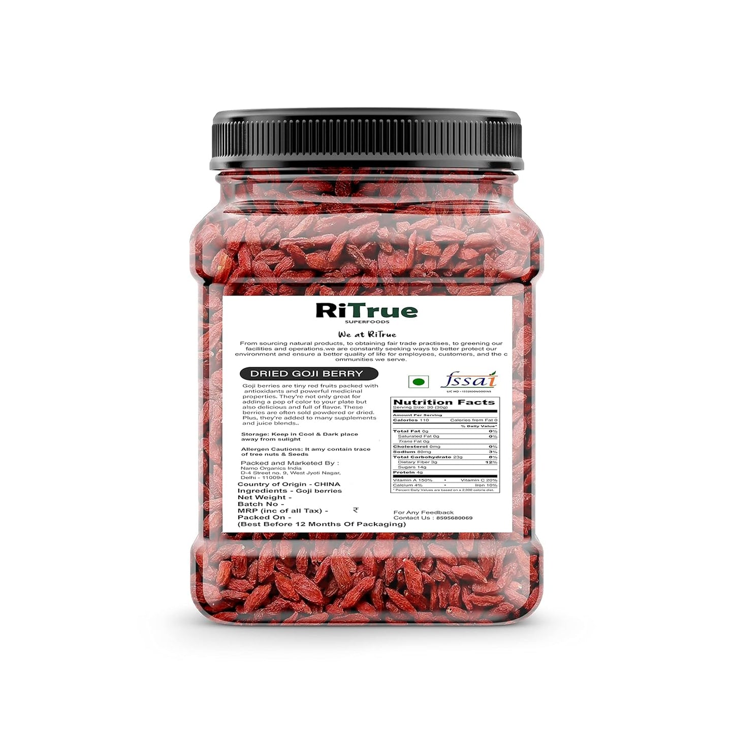 RiTrue Organic Dried Goji Berries without Sugar - 200 Gm - Unsweetened Goji Berry Dry Fruits