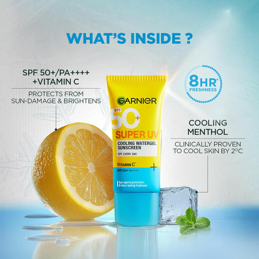 Garnier Super UV Cooling Watergel Sunscreen SPF 50 PA++++ | Instant Cooling & 8-hr freshness |Lightweight gel |No white cast |Suitable for oily dry sensitive & combination skin | For men & women,60ml