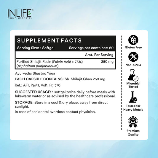 INLIFE Shilajit Resin Softgel Capsules 250mg for Men & Women | Himalayan Sourced 18000 ft | Contains >75% Fulvic Acid | Supports Energy, Stamina & Strength - 60 Softgels