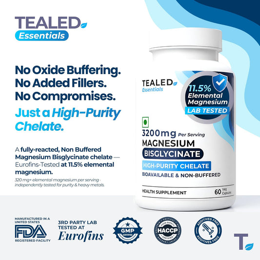 Tealed Magnesium Bisglycinate 3200mg | Non-Buffered | Chelated | Lab-Tested | Eurofins | 320mg Elemental Magnesium | No Fillers & Preservatives | Supports Muscle Relaxation & Sleep Quality | 60 Veg Caps