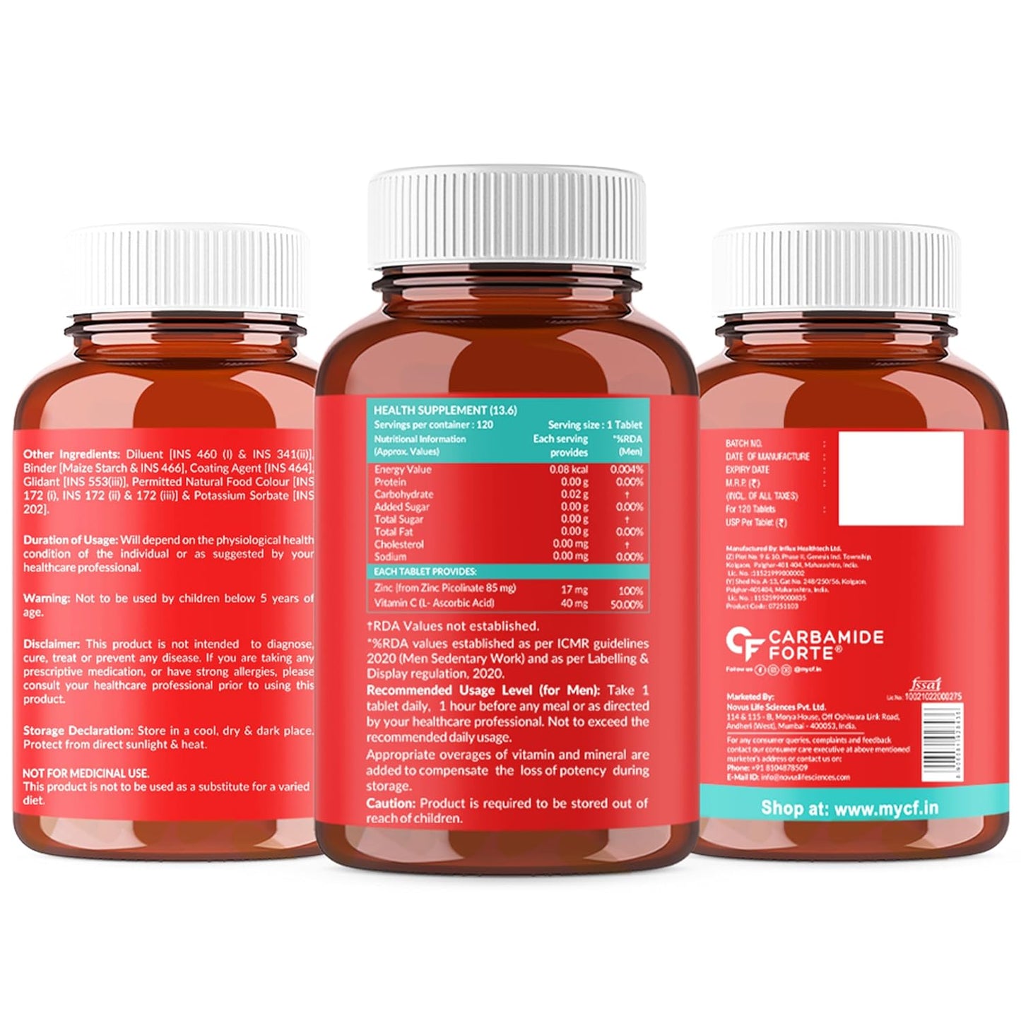Carbamide Forte Zinc Picolinate with Vitamin C | Zinc Supplements for Men with 100% RDA Zinc | Immunity & Cellular Health Support – 120 Tablets