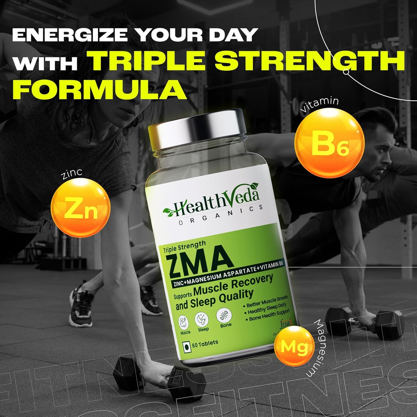 HEALTH VEDA ORGANICS PRIVATE LIMITED Zma (Zinc, Magnesium Aspartate & Vitamin B6) | Nighttime Muscle Recovery Supplements For Improved Muscle Strength | For Both Men & Women | 60 Veg Tablets