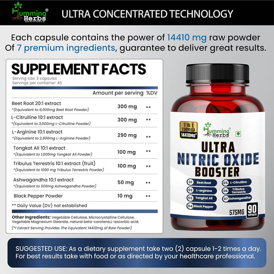 Humming Herbs ULTRA NITRIC BOOSTER - 7in1 | Beet Root, L-Arginine, Tongkat Ali, Black Pepper, L-Citrulline, Tribulus Terrestris & Ashwagandha - Enhance Energy, Performance, and Stamina - 90 Cap