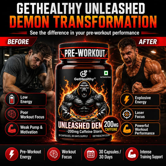 GetHealthy® Unleashed Demon™ Pre-Workout Capsules | 200mg Caffeine Energy Pills | Pre Workout Supplement for Energy & Focus | Gym Workout Support for Men & Women | 30 Capsules