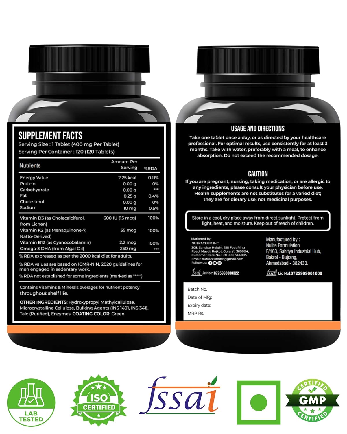 Nutrasium Vitamin D3 K2 Supplement | With Added B12 and DHA | Vitamin K2 MK7 To Support Strong Bone, Heart Health & Immunity | Veg D3 - Lichen - 120 Tablets