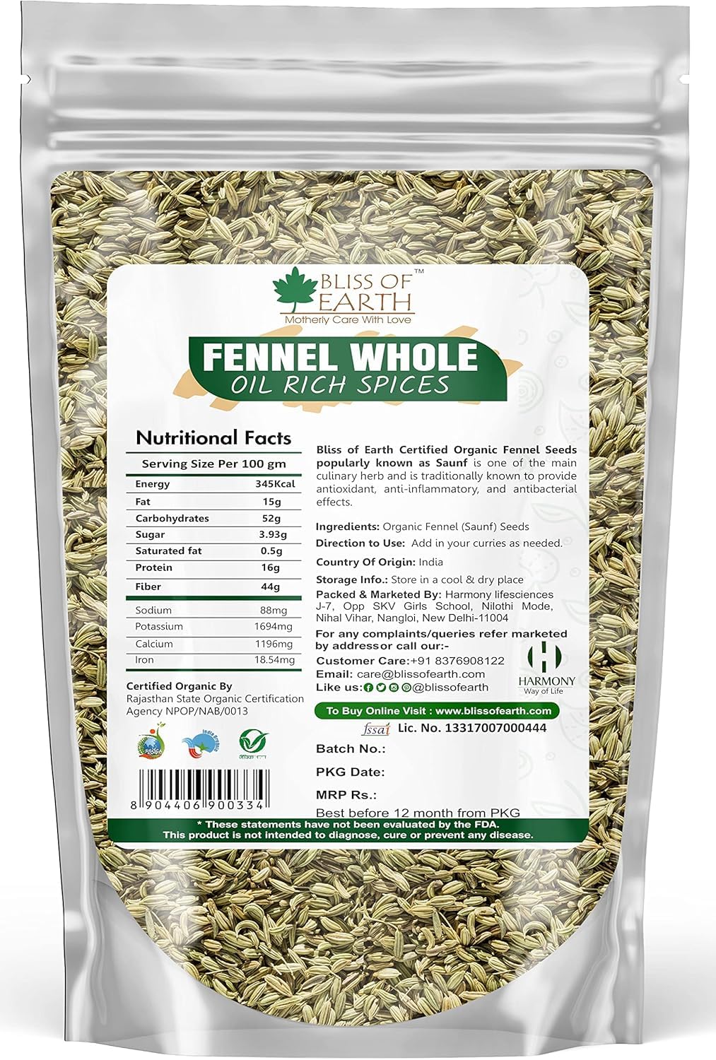 Bliss of Earth Certified Organic Fennel seed (Saunf) Indian Spice Fresh & Sweet Great for manages weight | digestive health or Cooking (1kg)