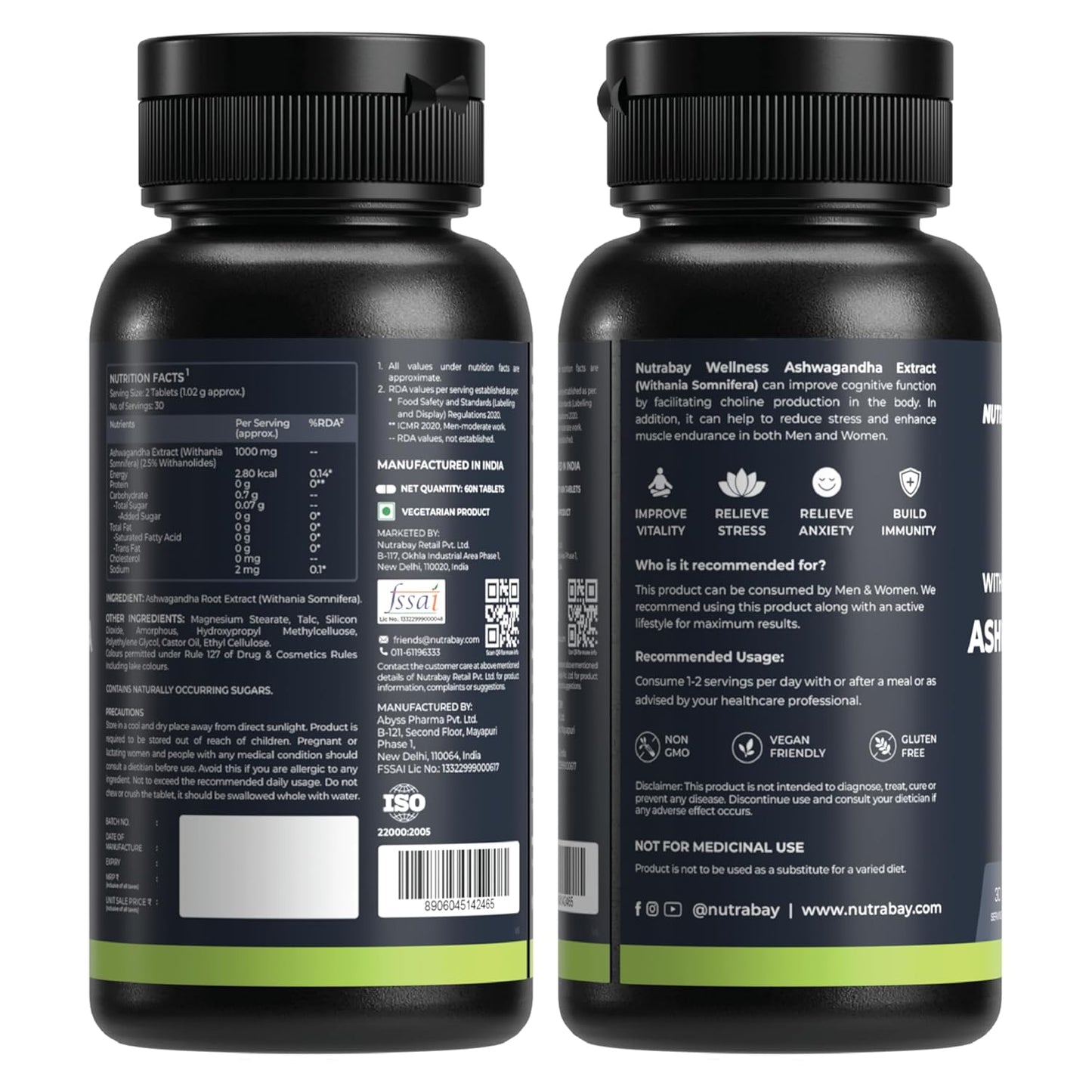 Nutrabay Wellness Ashwagandha Extract Tablet (Withania Somnifera), Enhances Energy, Stamina, Immunity | Anxiety & Stress Relief, 1000mg - 60 Veg Tablets