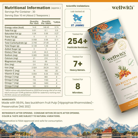 Wellwith by Ayuzera Natural Himalayan Sea Buckthorn Pulp 300ml | Cold Pressed Nutrient Rich Juice | Loaded with Vitamin C, Omega 3 6 7 9 & Antioxidants | For Skin, Immunity & Digestive Health