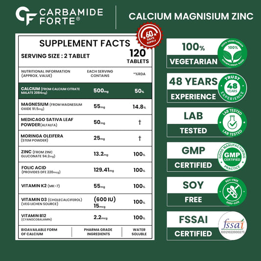 Carbamide Forte Calcium & Vitamin D3 Tablets | Calcium Magnesium Zinc - Bone Health & Joint Support - 120 Tablets, 227 Grams