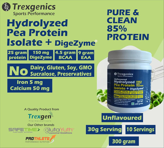 Trexgenics HYDROLYZED PEA PROTEIN ISOLATE UNFLAVOURED, Pure & Clean 25gm PROTEIN, 4.5 gm BCAA, 9 gm EAA with DigeZyme Digestive enzyme Complex, Muscle Growth 10 Servings (300 gram)