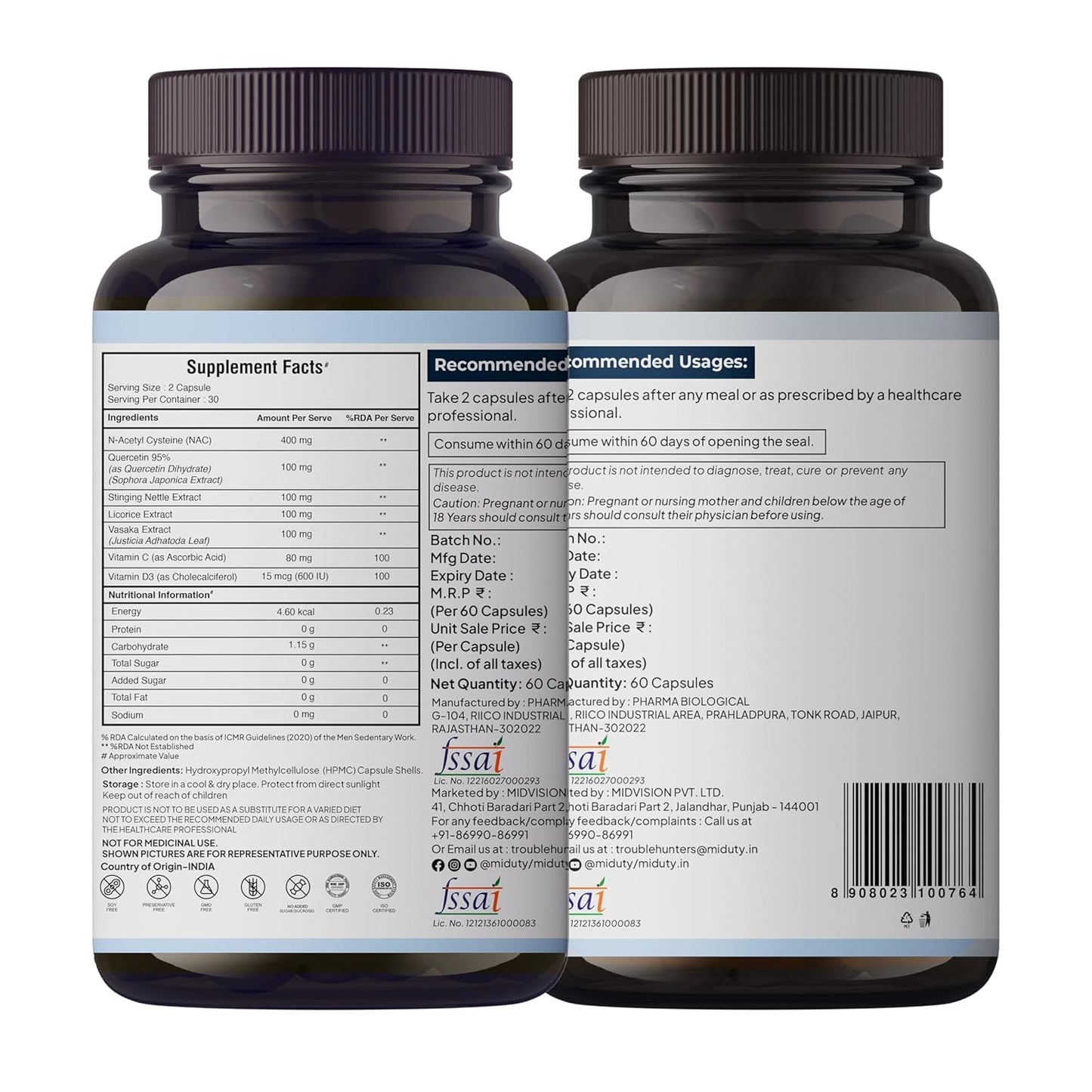 Miduty Lung Detox - NAC Supplement 400 mg N- Acetyl Cysteine, Stinging Nettle 100 mg & Quercetin -Lungs Protective & Respiratory Health - 60 Veg Capsules