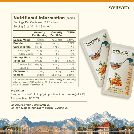 Wellwith Sea Buckthorn Berry AO Shots (150ml,15 Sachet), Pack of 1| Daily Antioxidant & Vitamin C Drink | Supports Immunity, Skin Glow & Energy