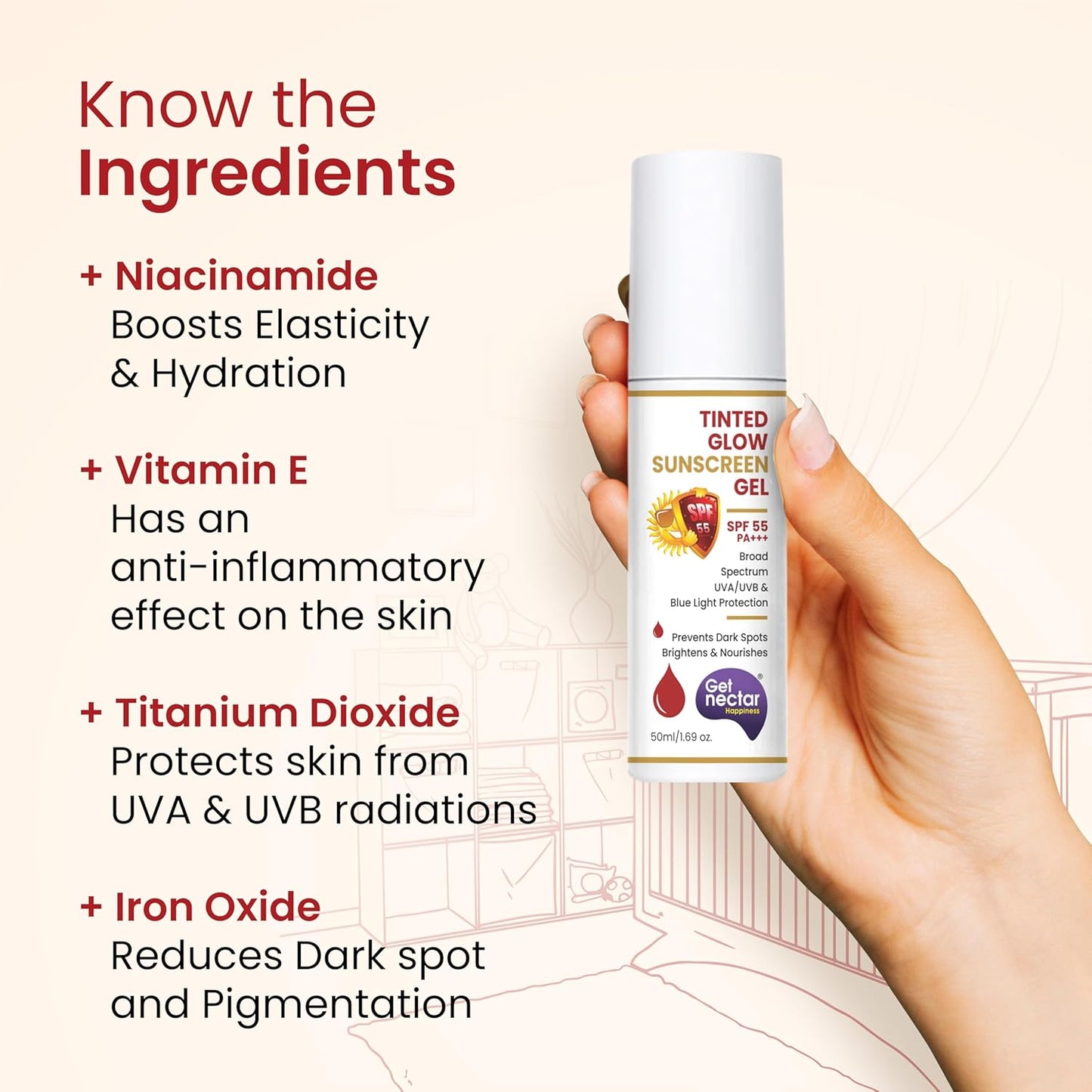 Get Nectar Happiness Tinted Sunscreen SPF 55 PA+++ | Broad Spectrum UVA & UVB Protection | Non-Comedogenic | Suitable for All Skin Types 50ml