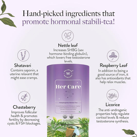 Wellbeing Nutrition Her Care Tea for PCOS PCOD | Herbal Tea for Women with Shatavari & Chasteberry for PMS Relief, Hormonal Imbalance & Regularize Menstrual Cycle (20 Pyramid Tea Bags)