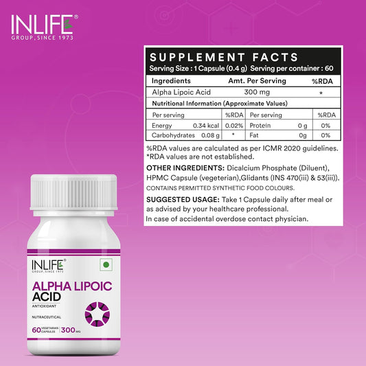 INLIFE Alpha Lipoic Acid 300mg | Universal Antioxidant | ALA Supplement - 60 Vegetarian Capsules (Pack of 1, 60)