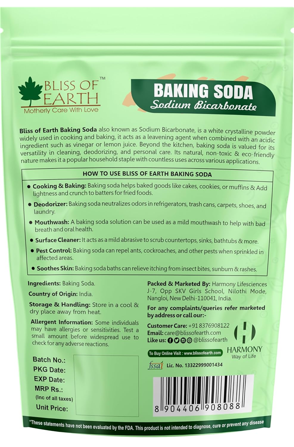 Bliss of Earth Baking Soda For Food & Cleaning Purpose, 400gm, Pure Sodium Bicarbonate for Baking, Cleaning, and Deodorizing, Food Grade, Non-GMO, Eco-Friendly