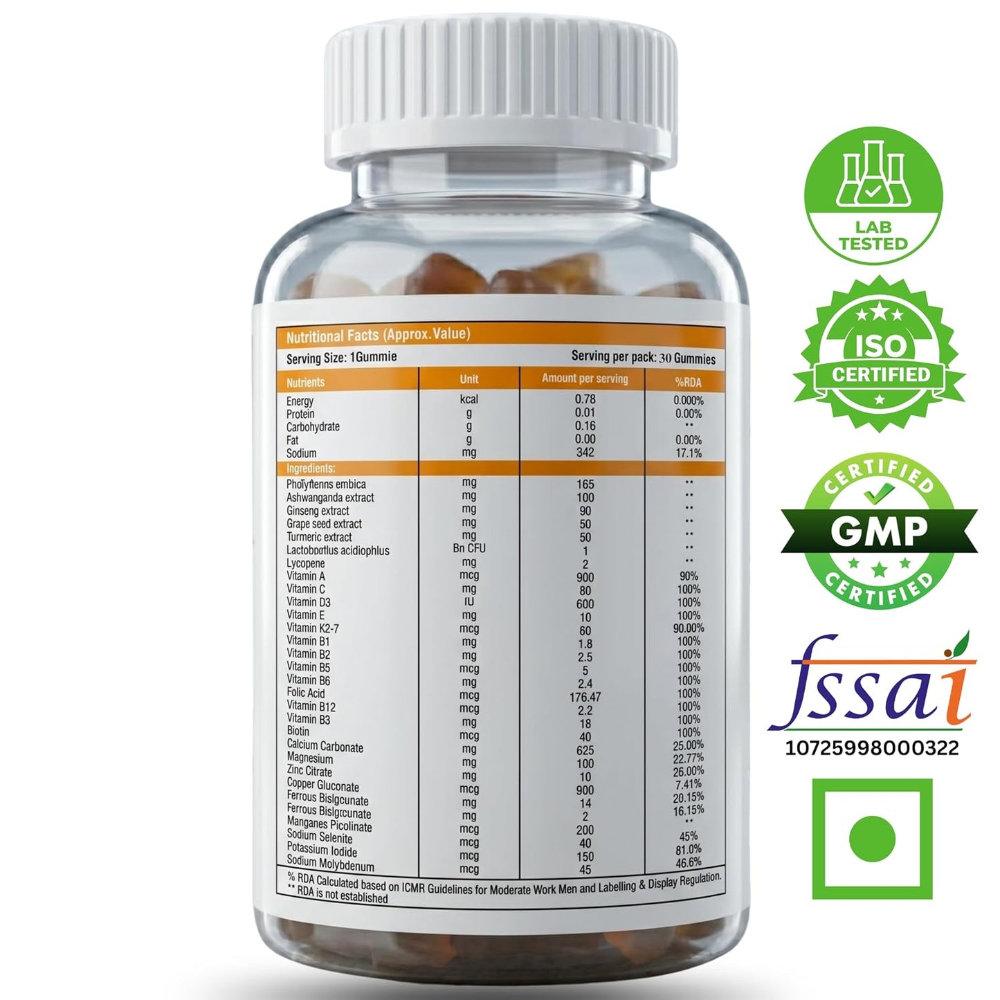 Nutrasium Multivitamin Gummies For Kids | With 14 Vitamins, 10 Minerals | Ashwagandha & Ginseng | 30 Day pack | Improves Immunity, Bone health & Brain Development | No Added Sugar | Mixed Fruit Flavour