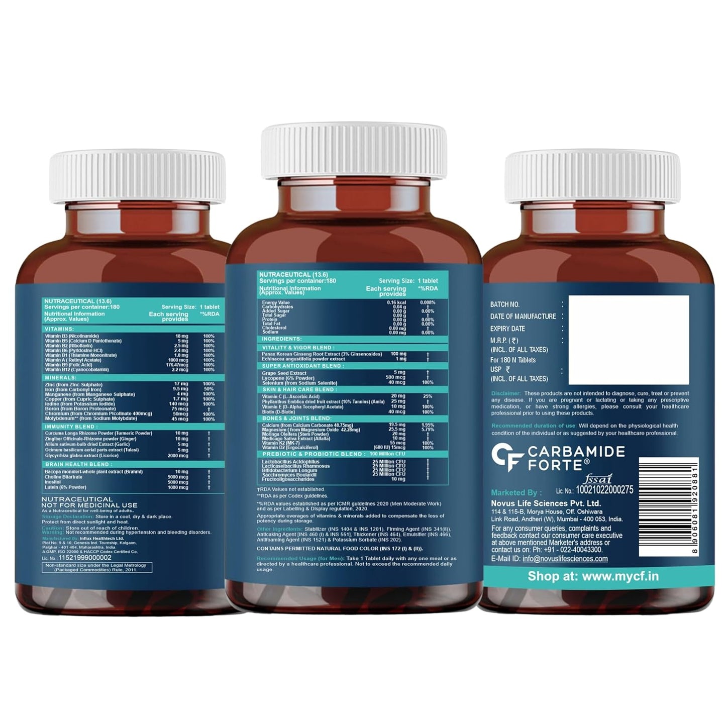 Carbamide Forte Multivitamin Tablet For Men & Women | Multi vitamin For Men | Best Multivitamin For Men & Women With Probiotics & Ginserg To Support Immunity & Energy | 180 Tablets