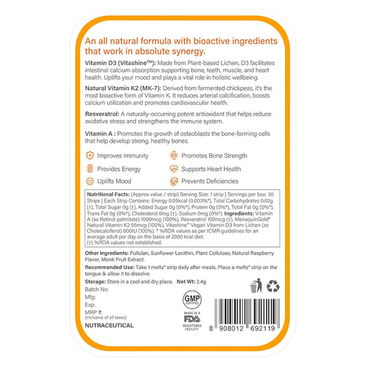 Wellbeing Nutrition Melts Natural Vitamin D3 + K2 Supplement for Immunity, Heart, Muscle, Bone, Cellular Protection | Vitashine, Resveterol & MenaquinGold | 30 Oral Strips